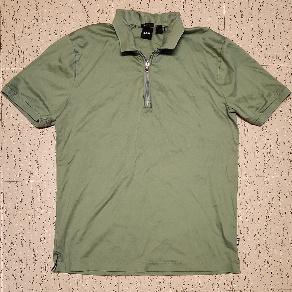 Hugo Boss Green 1/4 Zip Down Knit Collar Mercerised Polo Casual Dress Shirt